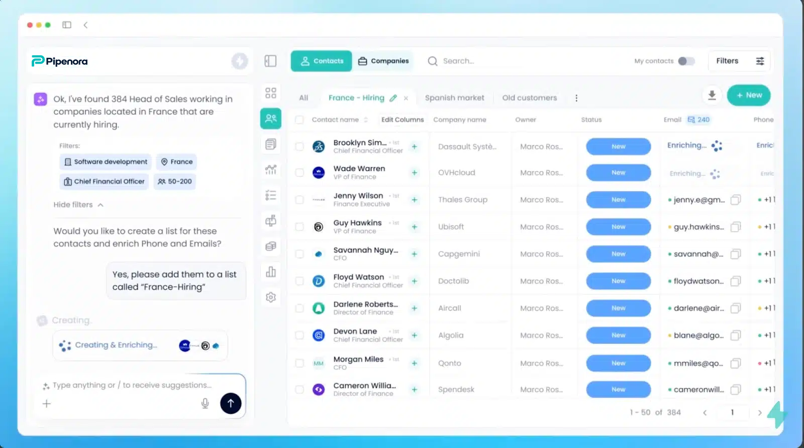 contact on pipenora dashboard